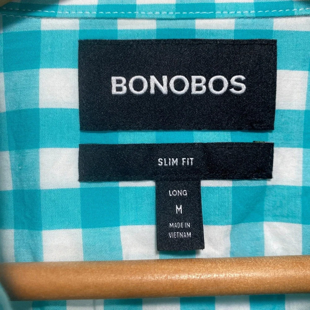 BONOBOS Slim Fit Long Sleeve Men M Long Turquoise Gingham Button Down Shirt - Picture 3 of 9